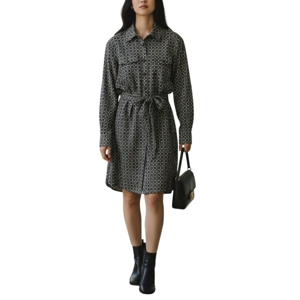 Tory Burch Cotton Shirt Dress Size 2 Geometric Print Roll Tab Sleeve Belted Mini